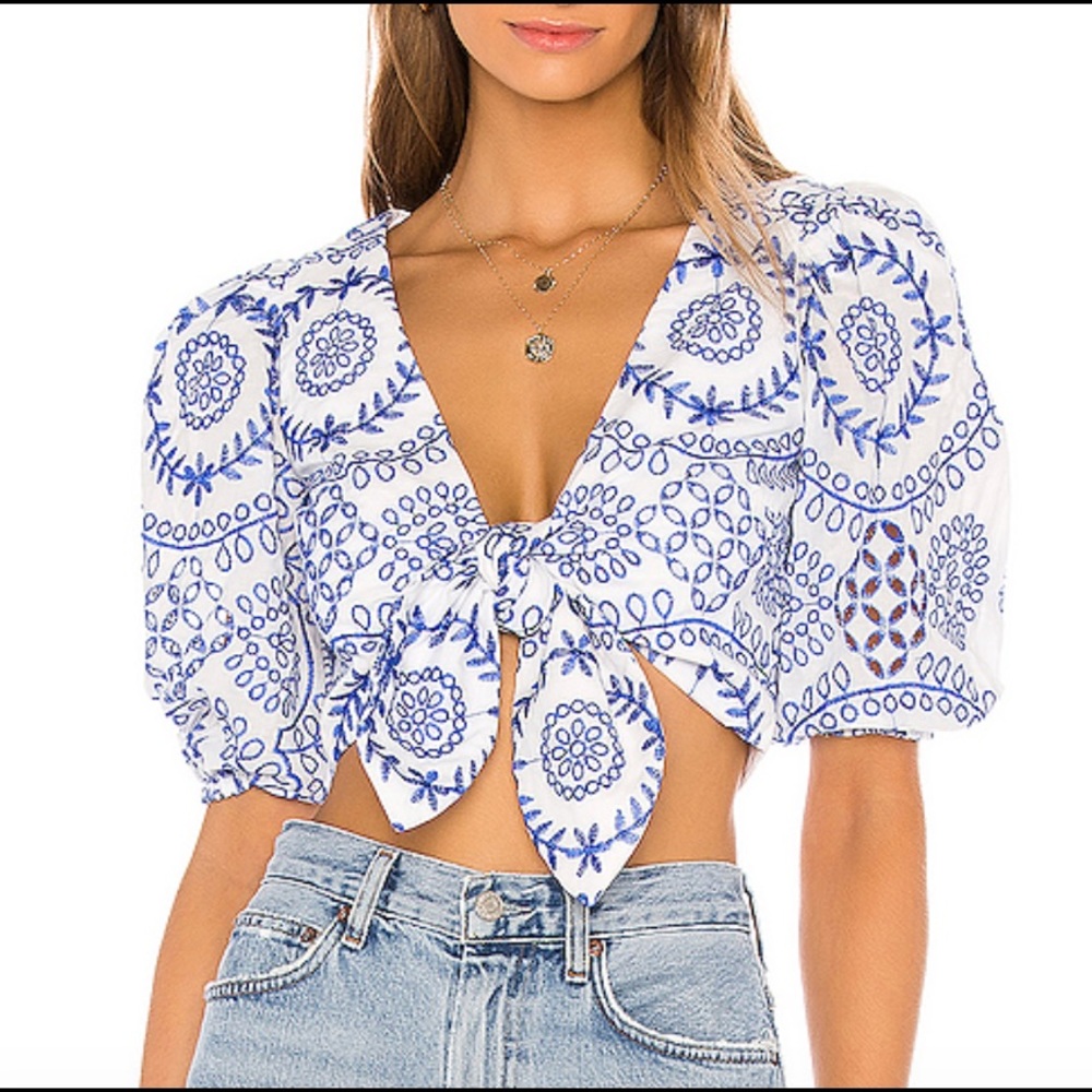 Lovers & Friends Blue & White Embroidered Crop Top